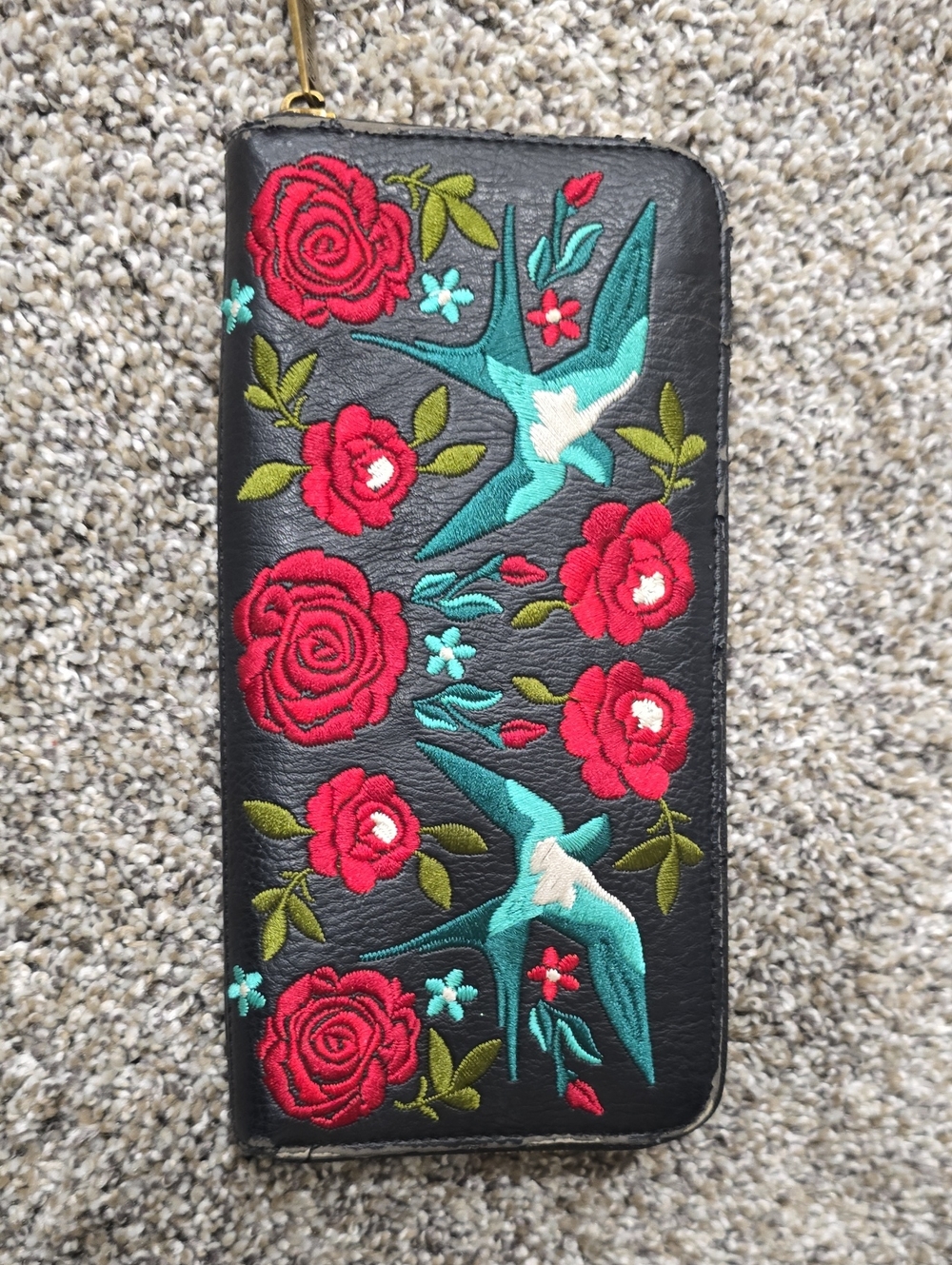 Loungefly Black Zip Wallet with Red Roses & Teal Birds